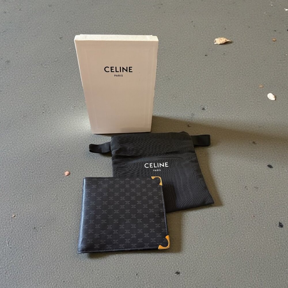 Vintage CELINE Navy Triomphe Leather Bifold Wallet | Box & Dust Bag